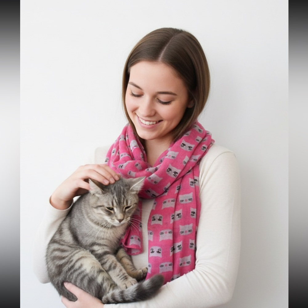 Scarf polyester pink with gray cat print